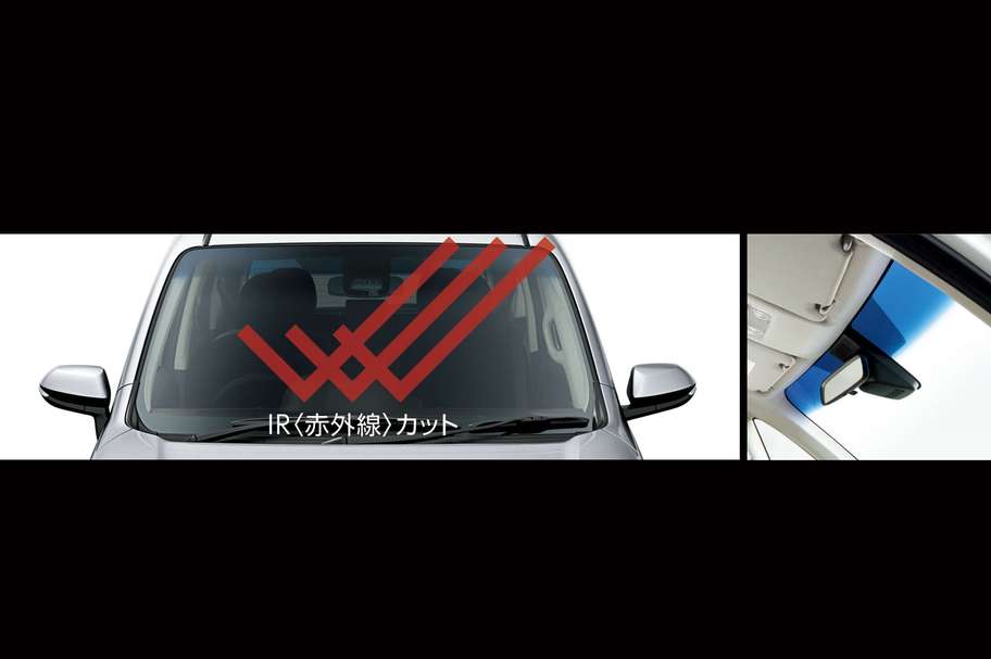 IR<赤外線>カット機能付ウインドシールドグリーンガラス(UVカット機能、高遮音性ガラス、トップシェード付)